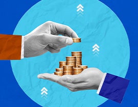 Two hands exchange a coin above a stack of coins, set against a blue and teal background with upward-pointing arrows.