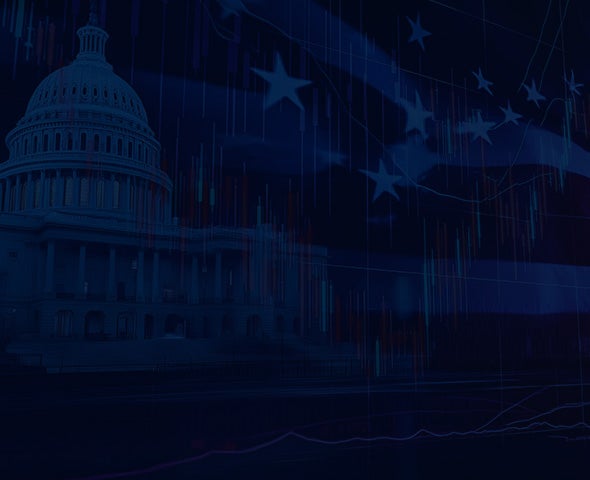 white house with various red and blue decorative graphic elements creating an image of patriotism