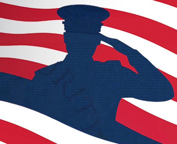 Red and white flag background with a navy blue silhouette of a saluting servicemember.