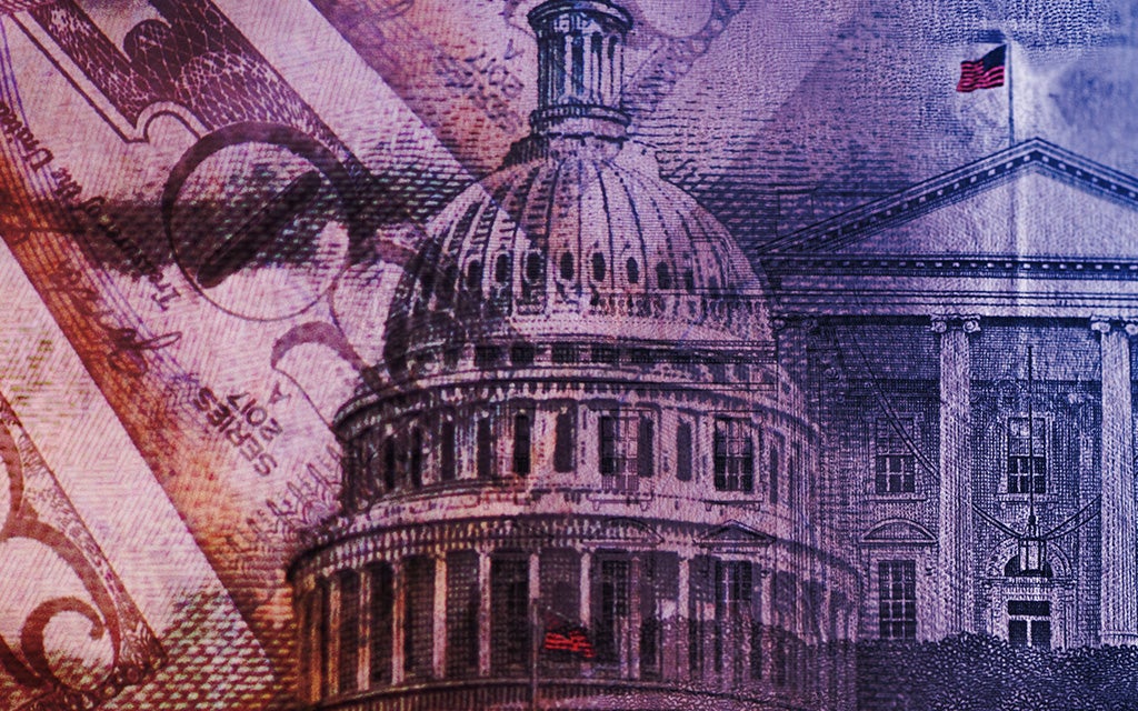 The Capital Building beside the White House with a fifty dollar bill overlay.