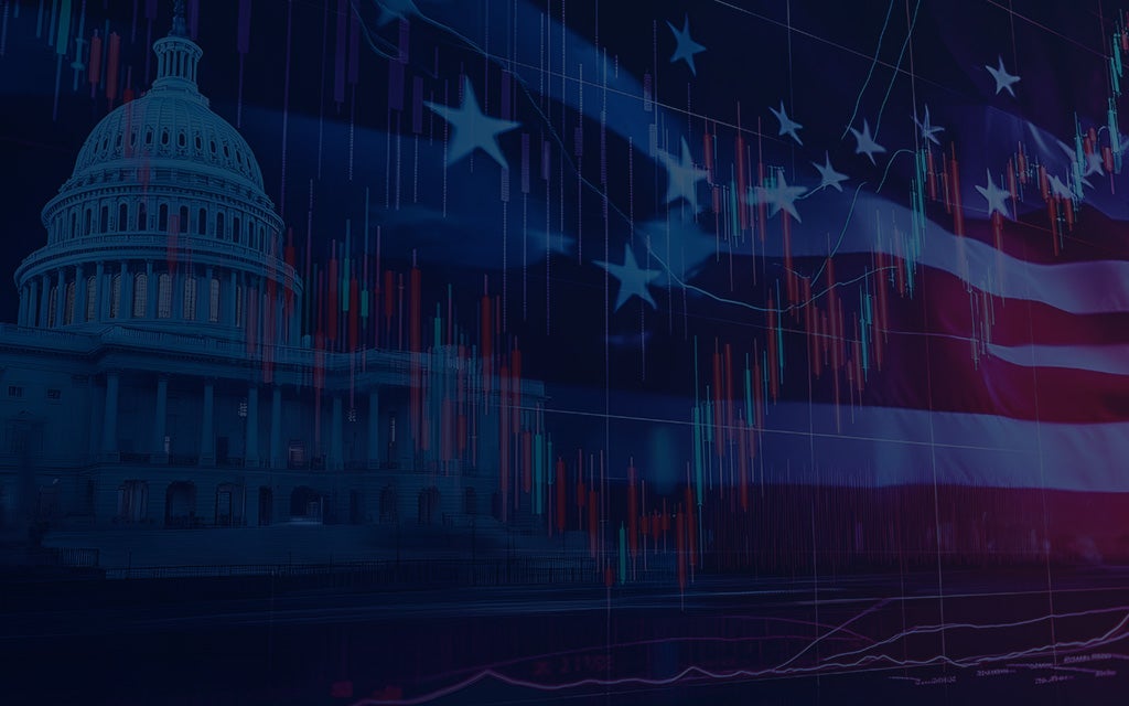 white house with various red and blue decorative graphic elements creating an image of patriotism