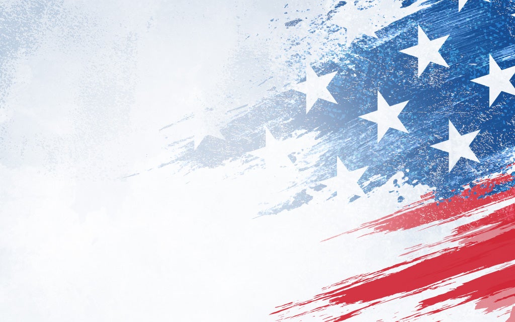Stylized American flag with stars and red brush‑stroke stripes.