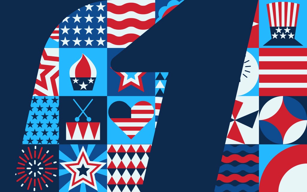 A large number “1” filled with a patchwork of red, white, and blue patterns, including stars, stripes, hearts, and geometric shapes inspired by the United States flag, set against a dark blue background
