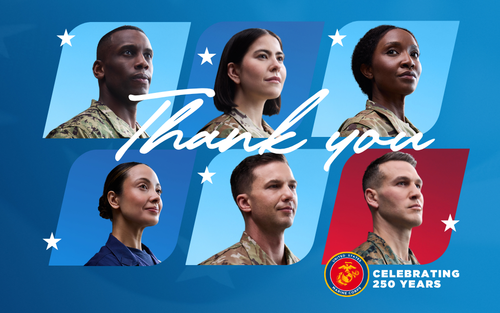 6 service members from different branches in a grid layout looking off into the distance, thank you script text overlay