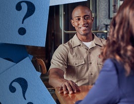 Image of blue question mark box and a military service member sitting with a financial advisor.