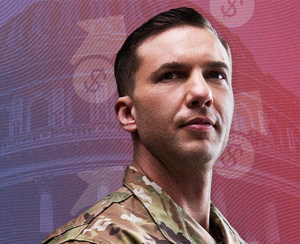 service member in uniform looking into the distance. the capitol in the background and dollar signs