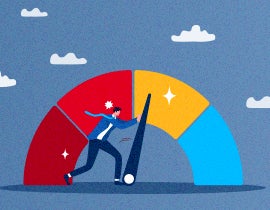 a credit score barometer and a man attempting to push the indicator hand to reflect a higher score