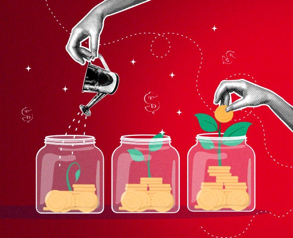 3 jars with coins and plants growing out of them, a person watering and nurturing the plants. 