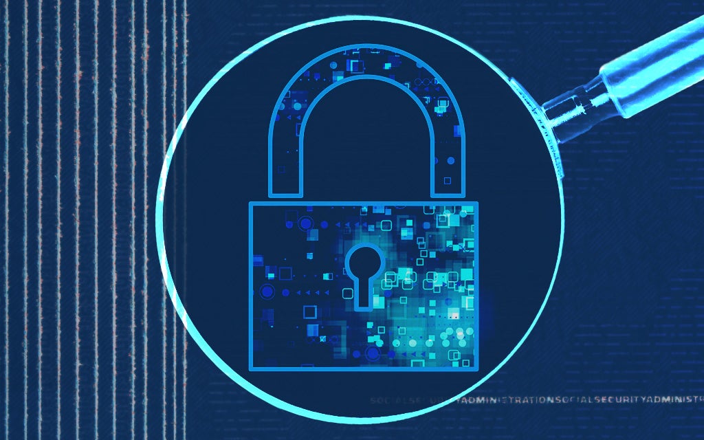 A blue-toned illustration of a lock with circuitry patterns inside, viewed through a magnifying glass.