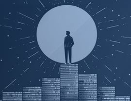 Blue background with a man standing on top of a pile of coins and looking at the moon.