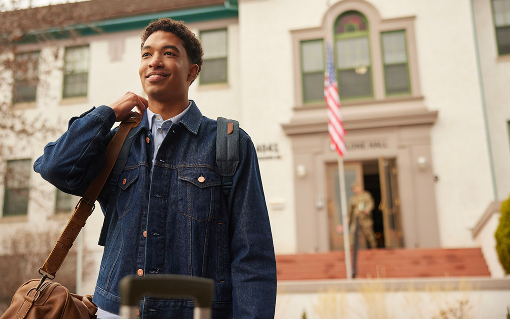 picture of a student walking on campus