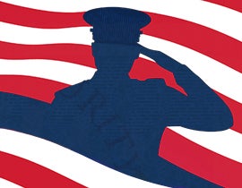 Red and white flag background with a navy blue silhouette of a saluting servicemember.