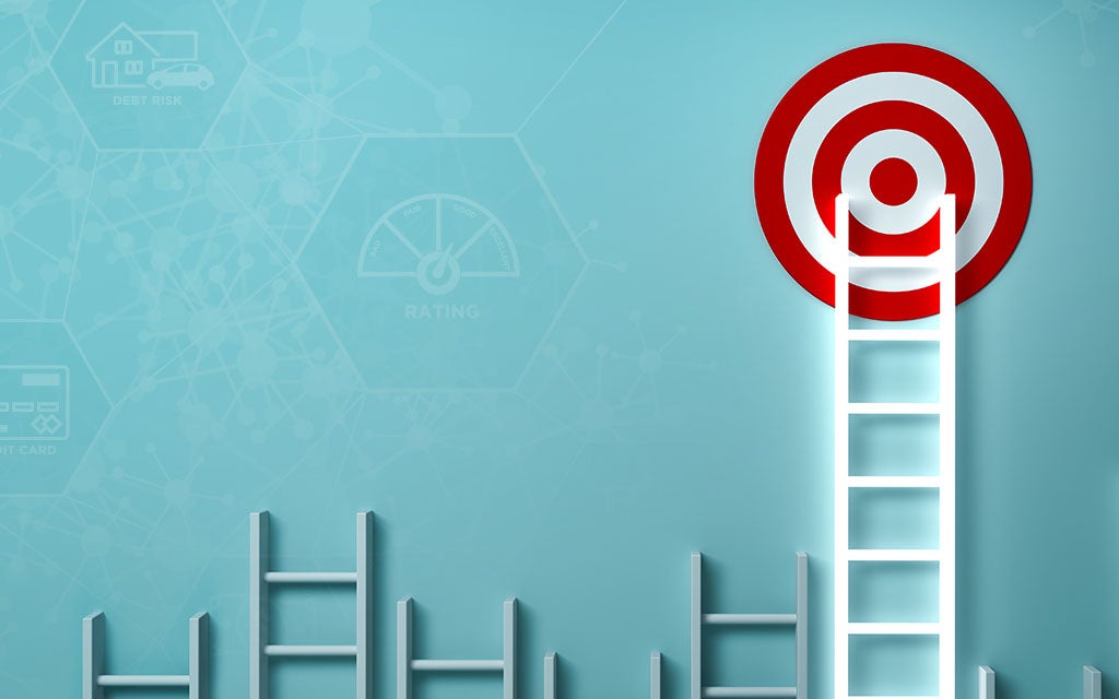 An image of a bullseye on top of a ladder against a blue wall to symbolize the challenge of improving a credit score.