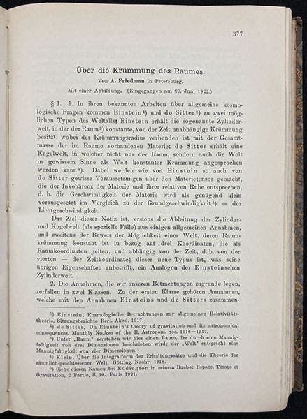 First page of "Über die Krümmung des Raumes," (“On the curvature of space”), by Alexander Friedmann, " Zeitschrift für Physik, vol 10, 1922 (Linda Hall Library).