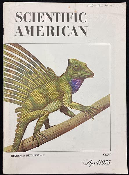 Front cover, Scientific American, vol. 232, no. 4, April 1975 issue, announcing the article, “Dinosaur Renaissance,” by Robert T. Bakker, pp. 58-78 (author’s copy)