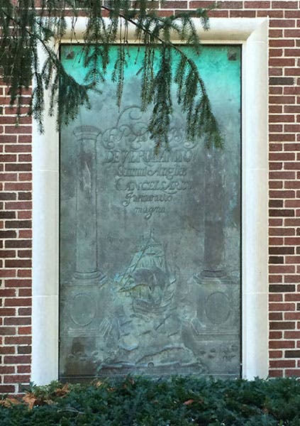 Bronze panel no. 2, based on the engraved title page, Novum Organum, by Francis Bacon, 1620; cast by Bruno Bearzi, 1965, north exterior annex wall, Linda Hall Library