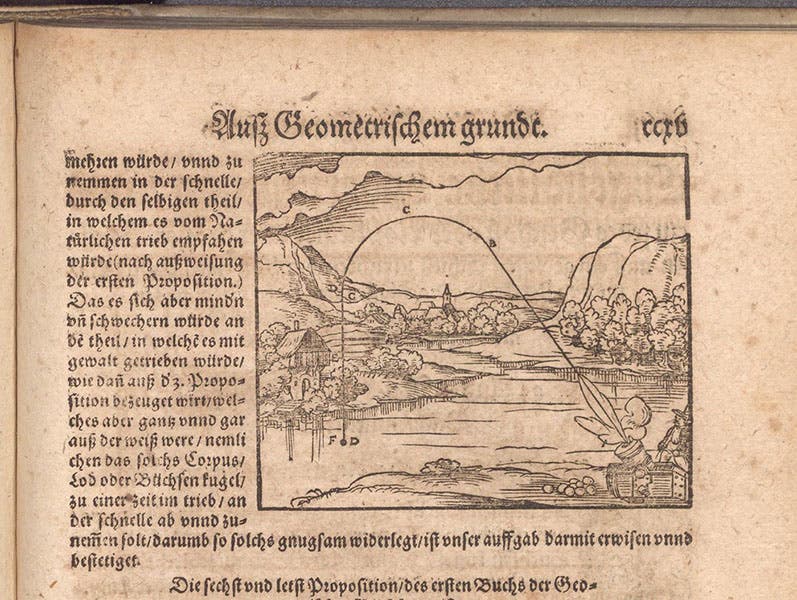 Projectile motion according to the impetus theory of Albert of Saxony, with a transitional curved path where impetus bleeds away and gravity takes over, woodcut in Bawkunst, oder, Architectur aller fürnem̄sten, by Walther Ryff, 1582 (Linda Hall Library)