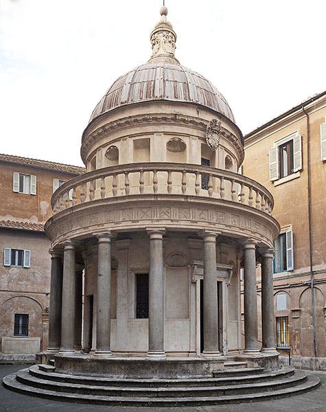 Tempietto, marker of the location of the crucifixion of St. Peter, designed by Donato Bramante, cloister of San Pietro in Montorio, Rome, 1502 (Wikimedia commons)