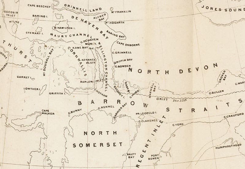 Detail of a contemporary map of the Arctic archipelago, showing the area around Beechey Island, engraving in The U.S. Grinnell Expedition in Search of Sir John Franklin, by Elisha Kent Kane, p. 17, 1854 (The Linda Hall)