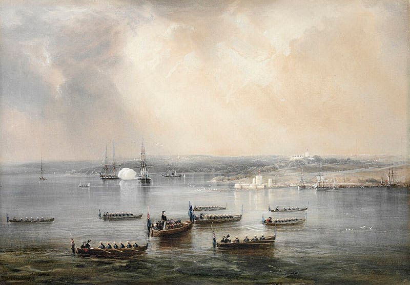Funeral of Phillip Parker King, Sydney Harbour, 1856, painting by Conrad Martens, State Library of New South Wales (Wikimedia commons)