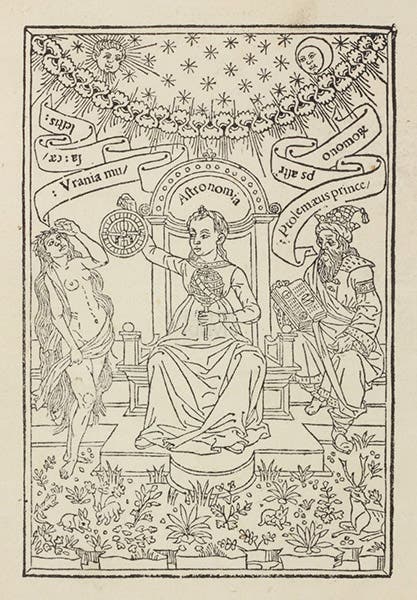 Frontispiece, woodcut, depicting Urania, Astronomia, and Ptolemy, Sphaera mundi, by Johannes de Sacrobosco, publ. by Octavius Scotus, 1490 (Linda Hall Library)