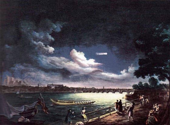 Painting of the Thames in London, showing Halley’s Comet in the sky, oil on canvas, by Samuel Scott, 1759?, present location unknown (robertstephenparry.com)