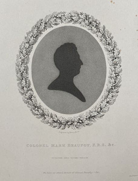 Portrait of Mark Beaufoy, stipple engraving, Nautical and Hydraulic Experiments, with Numerous Scientific Miscellanies, by Mark Beaufoy, vol. 1 (all published), 1834, copy 1 (Linda Hall Library)