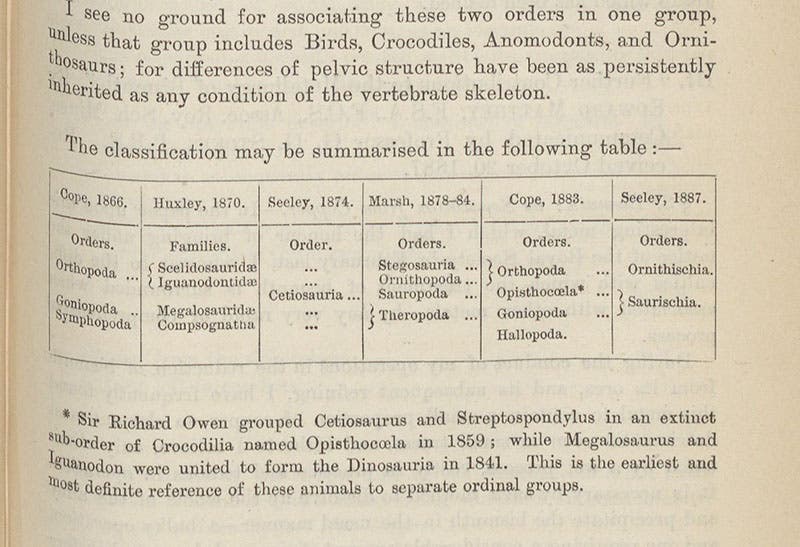 Table comparing suggested dinosaur orders by T.H. Huxley, O.C. Mash, E.D. Cope, and H.C. Seeley, "On the Classification of the Fossil Animals commonly named Dinosauria,” by Harry Govier Seeley, Proceedings of the Royal Society of London, vol. 43, p. 171, 1888 (Linda Hall Library)