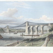 View of the Menai Suspension Bridge, opened on Jan. 30, 1826, tinted lithograph, 1840, National Library of Wales (Wikimedia commons)