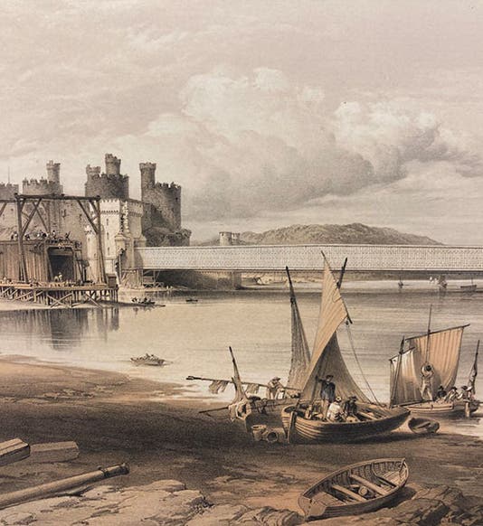 Constructing the second tube onshore for the Conwy Tubular Bridge, with the first tube in place, detail of tinted lithograph in The Britannia and Conway Tubular Bridges, by Edwin Clark, published with the sanction and under the supervision of Robert Stephenson, Atlas, plate 35, 1850 (Linda Hall Library)
