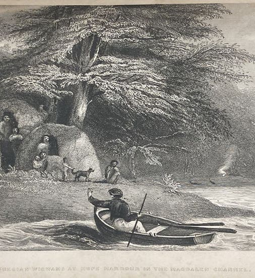 Fuegian wigwams at Hope Harbour, Straits of Magellan, etching after a drawing by Phillip Parker King, in Narrative of the Surveying Voyages of His Majesty's Ships Adventure and Beagle, between the Years 1826 and 1836, by Robert FitzRoy, vol. 1, page 26, 1839 (Linda Hall Library)