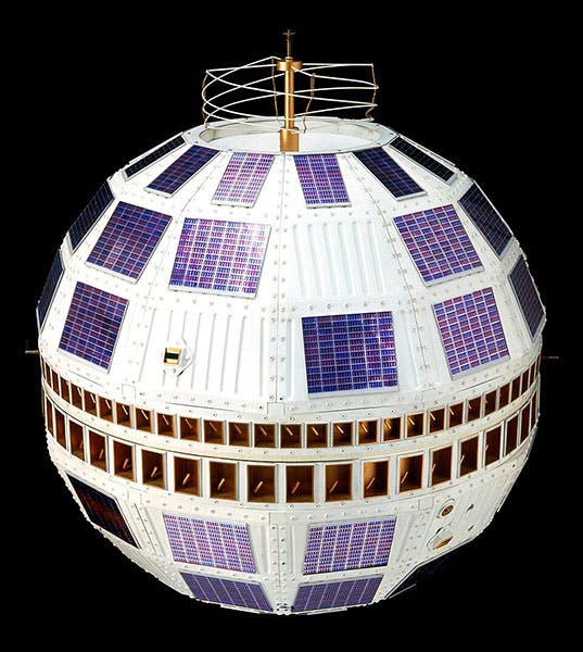 Telstar 1, launched into orbit on July 10, 1962, replica in Science Museum, London (Wikimedia commons)