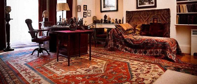 Sigmund Freud’s consulting room, complete with his couch, desk, custom-made chair and collection of objects (khazairugs.com)