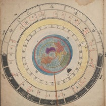 Earth-centered volvelle, hand-colored woodcut, Heitengi, by Iwahashi Yoshitaka, p. 2, 1801 (Linda Hall Library)
