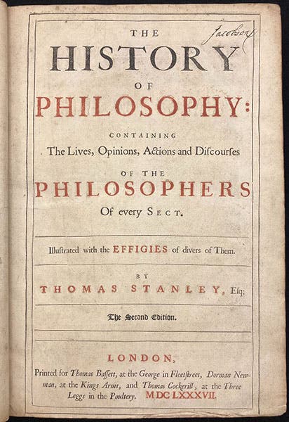Title page, A History of Philosophy, by Thomas Stanley, 2nd ed., 1687 (The Linda Hall)