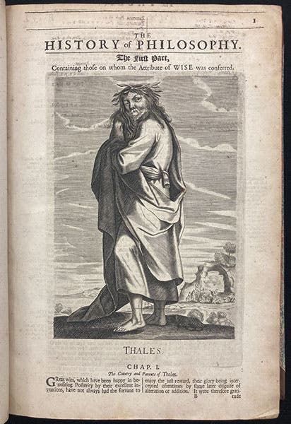 Thales, imagined portrait, engraving by William Faithorne, A History of Philosophy, by Thomas Stanley, 2nd ed., p. 1, 1687 (The Linda Hall)