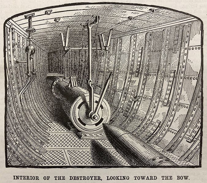 Interior below-decks of Destroyer, showing torpedo launch tube, wood engraving, Scientific American, vol. 60(12), p. 183, Mar. 23, 1889 (The Linda Hall)