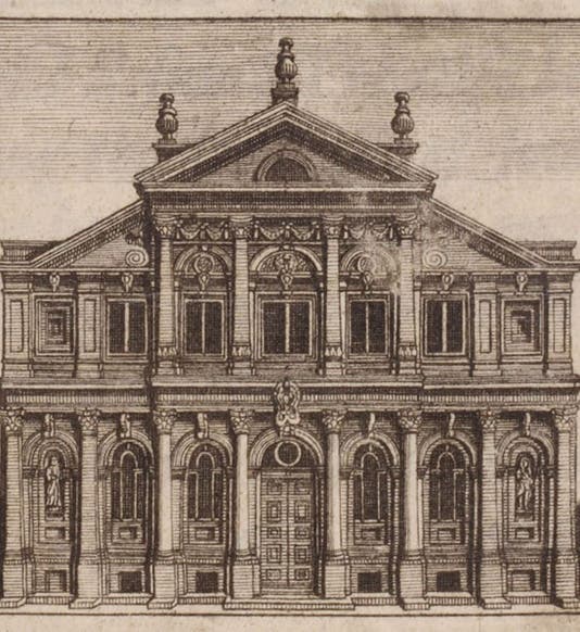 The Sheldonian Theatre at Oxford, title-page vignette by Michael Burghers, An Examination of Dr. Burnet's Theory of the Earth, by John Keill, 1698 (The Linda Hall)