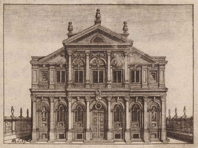The Sheldonian Theatre at Oxford, title-page vignette by Michael Burghers, An Examination of Dr. Burnet's Theory of the Earth, by John Keill, 1698 (The Linda Hall)