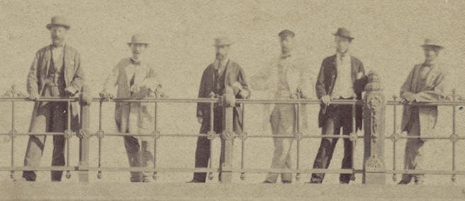 Six of the people involved in the design of Central Park, New York City, with Frederick Law Olmsted at far right, Jacob Wrey Mould next to him, and Calvert Vaux third from left, photograph, 1862 (Wikimedia commons)