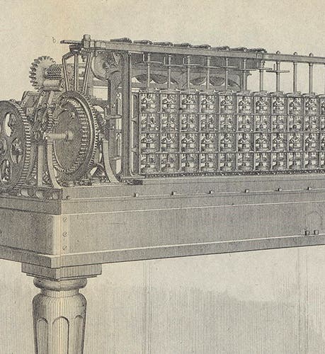 Scheutz difference engine no. 2 at the Dudley Observatory, detail of engraving, Annals of the Dudley Observatory, vol. 1, p. 118, 1866 (Linda Hall Libay)