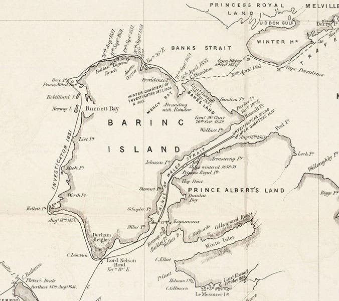 Baring Island (now Banks Island), showing various winter locations of HMS Investigator, detail of map of a Northwest passage, by Edward Augustus Inglefield, Papers Relative to the Recent Arctic Expeditions in Search of Sir John Franklin and the Crews of H.M.S. “Erebus” and “Terror” (an Arctic Blue Book), bound in at end, 1854 (The Linda Hall)
