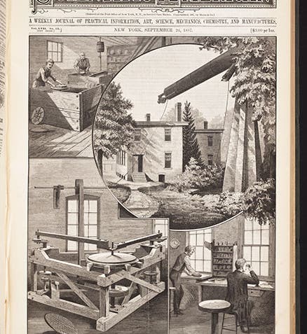 Four views of the Alvan Clark & Sons workshop, building the 36-inch Lick refractor, from the cover of <i>Scientific American</i>, Sep. 24, 1887 (Linda Hall Library)