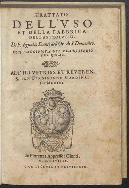 Title page, Trattato dell'uso et della fabbrica dell'astrolabio, by Ignazio Danti, 1569 (The Linda Hall)