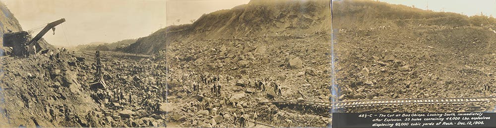 Searching for survivors after a premature blast at Bas Obispo that killed 26 and injured 49 men, December 12, 1908. On December 12, 1908, shortly after 11 am, two explosions at Bas Obispo unexpectedly set off 44,000 tons of dynamite, throwing men and steam shovels across the Culebra Cut. Almost 60,000 cubic yards of rock filled the Canal, 20 to 30 feet deep in some places.