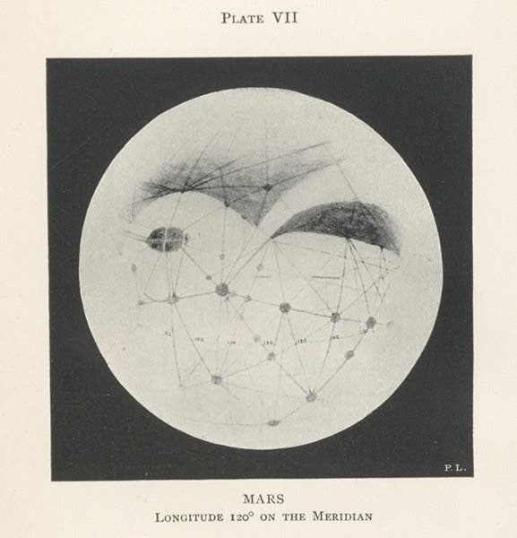 Mars at 120° longitude, showing the Solis Lacus feature, drawing by Percival Lowell, in Mars, by Percival Lowell, plate 7, 1895 (Linda Hall Library)