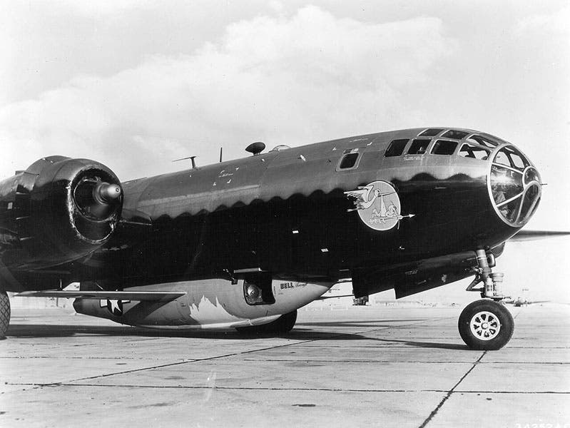 Bell X-1 (but not Glamorous Glennis) in the belly of a B-29 Superfortress, 1947 (Wikimedia commons)