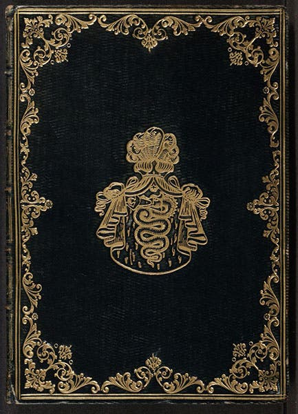 Binding, Discorso delle comete, by Mario Guiducci (i.e., Galileo Galilei), 1619, with armorial device of a later owne, Uberto Visconti di Modrone (Linda Hall Library)
