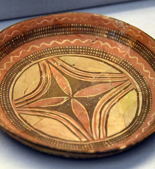 Decorated pottery plate from Tell Arpachiyah, Iraq, 5000-6000 BCE, found by Max Mallowan in 1933 and originally reassembled by Agatha Christie, British Museum (Wikimedia commons)