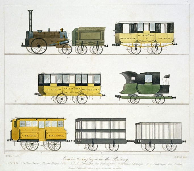Rolling stock in use when the Liverpool and Manchester Railway opened in 1830; the locomotive shown is not the Rocket but the Northumbian, aquatint in Coloured Views on the Liverpool and Manchester Railway, by Thomas Talbot Bury, plate 7, 1831 edition (Wikimedia commons)